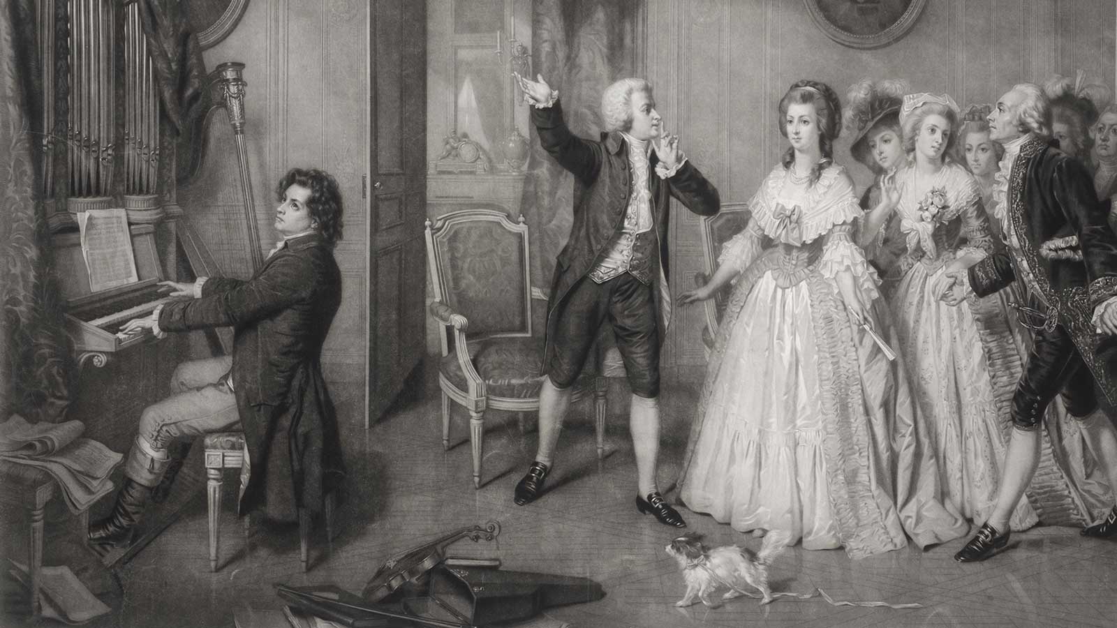 Beethoven playing the piano at Mozart's house (engraving)