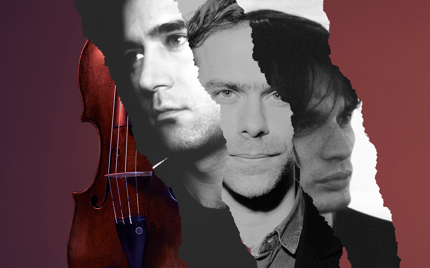 An edited image of the three modern composers in the Indies & Idols program in front of a violin