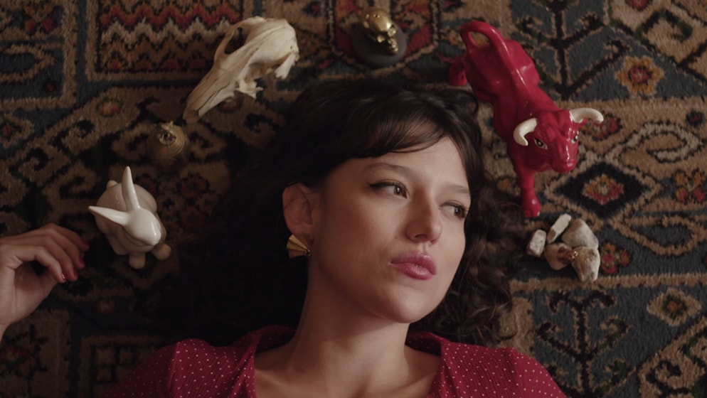 A still from the trailer for Indies and Idols, where a woman is lying on the ground surrounded by symbols of the Chinese zodiac