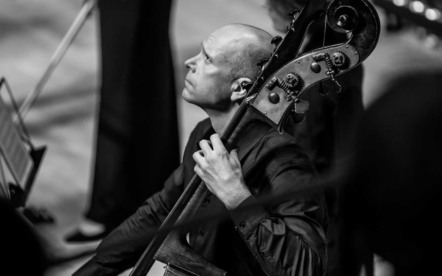 ACO Principal Bass Maxime Bibeau looking up while performing