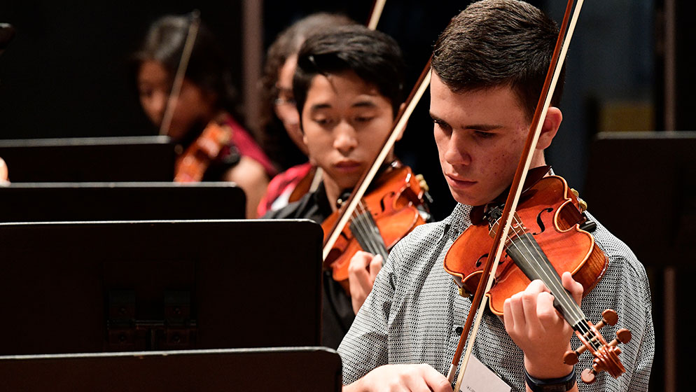 Members of the Penrith Youth Orchestra photographed in a line