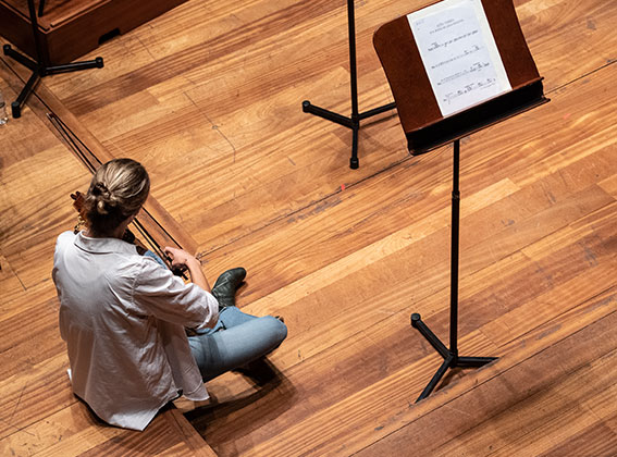 A photo from above of violist Nicole Divall regearsing