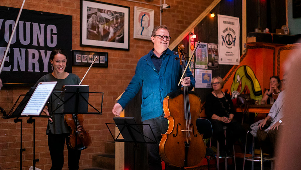 ACO Principal Cello Timo-Veikko 'Tipi' Valve performing with a quartet at Young Henry's brewery