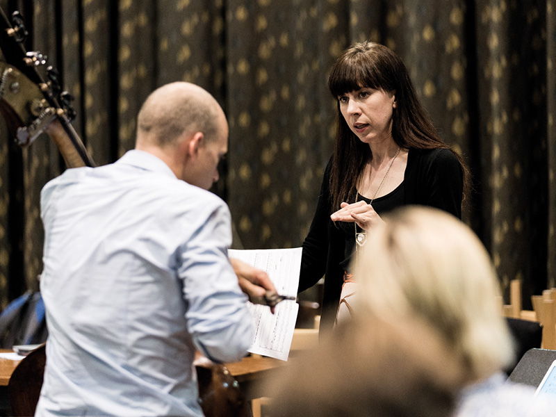 Missy Mazzoli working with Maxime Bibeau on her double bass concerto 'Dark with Excessive Bright'
