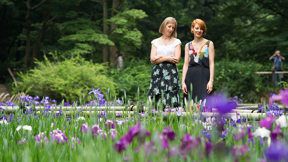 ACO musicians Melissa Barnard and Maja Savnik explore the inner-garden near the Meiji Shrine, Tokyo