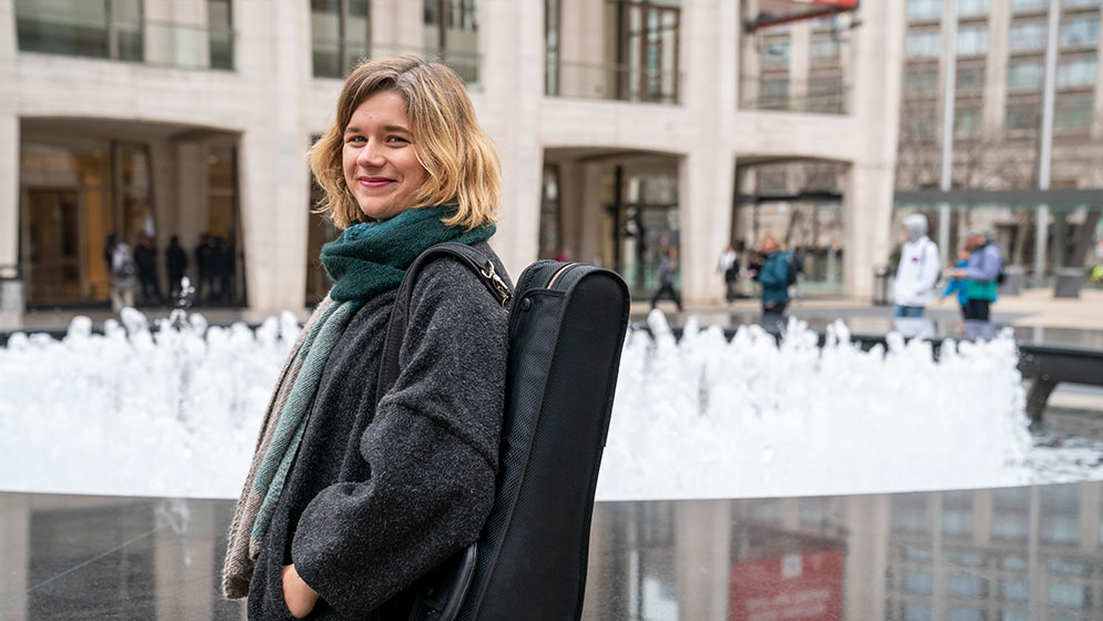 ACO Violinist Liisa Pallandi outside the New York, Lincoln Center