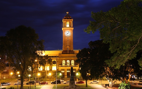 Newcastle City Hall pictured at night