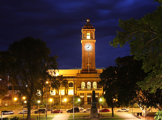 Newcastle City Hall pictured at night