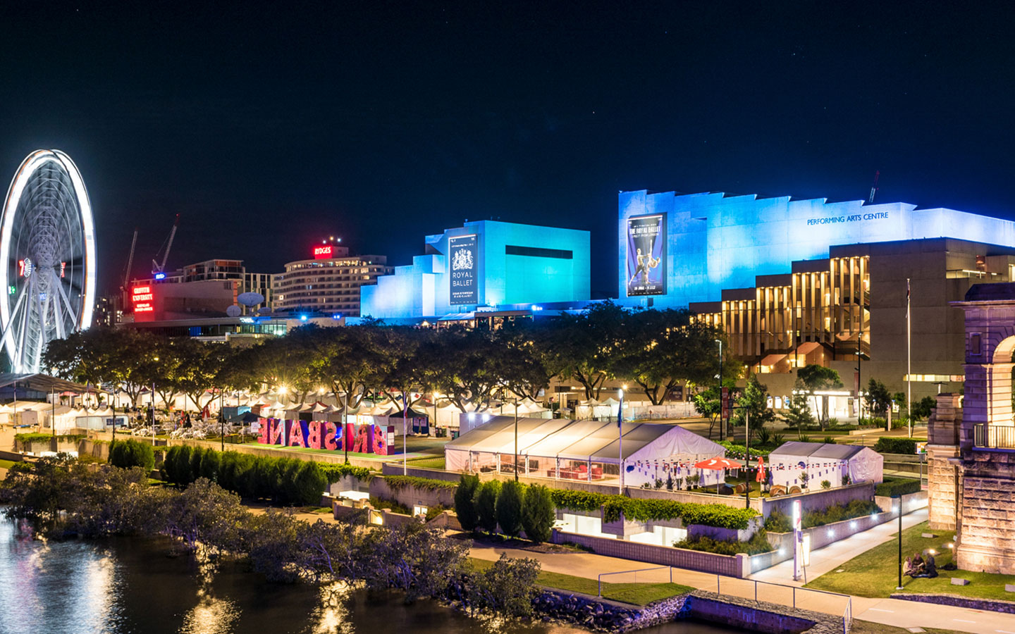 One of Australia’s most spectacular concert venues, Queensland Performing Arts Centre at night.