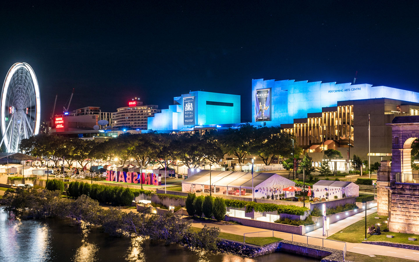 A photo of QPAC in the evening