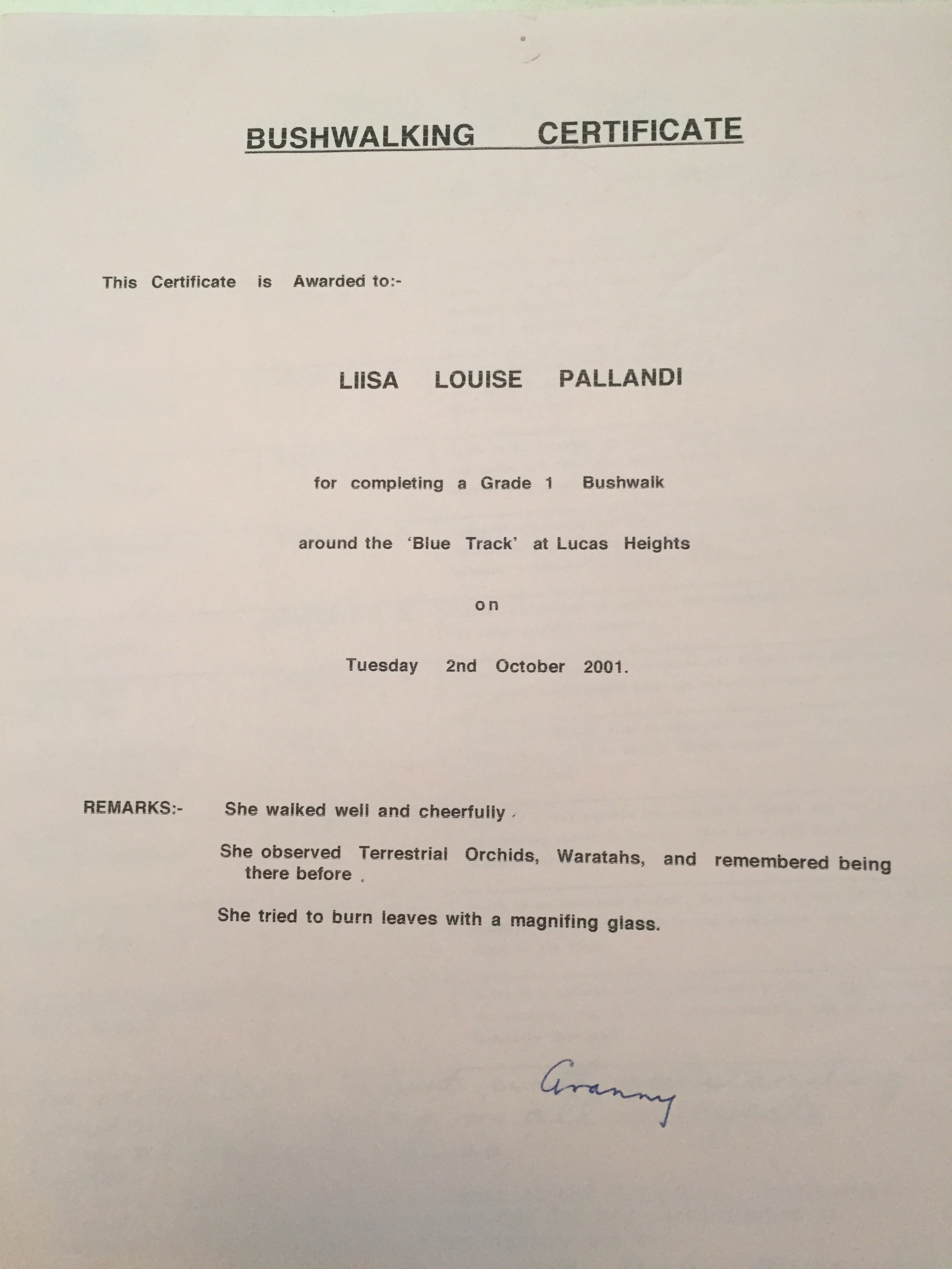 Liisa Bushwalking Certificate