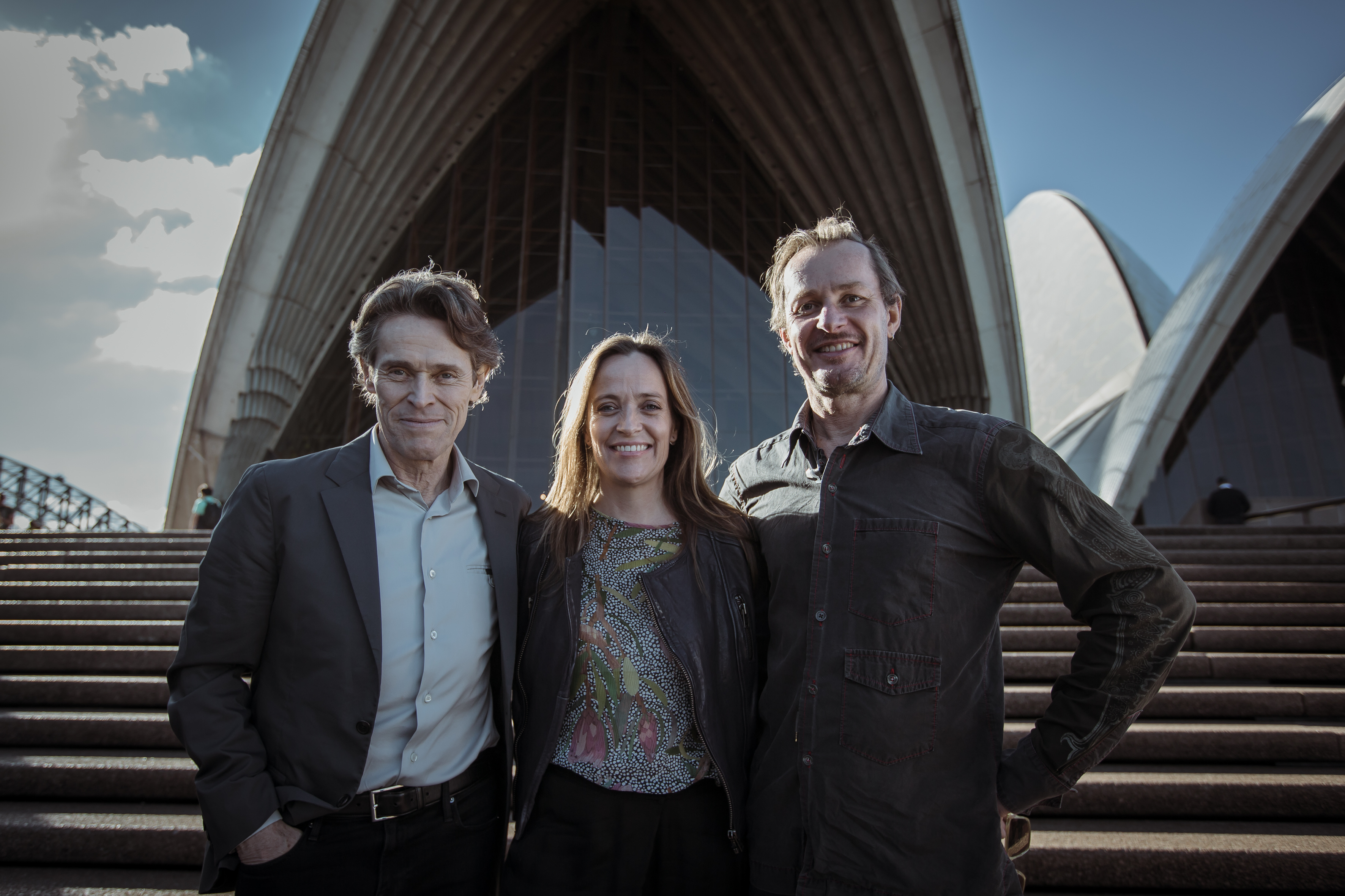 Richard Tognetti with director Jennifer Peedom and actor Willem Dafoe